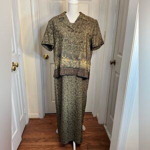 Leslie Fay 2-Piece Dress & Jacket Set Paisley Floral Olive Green Size 16 Vintage